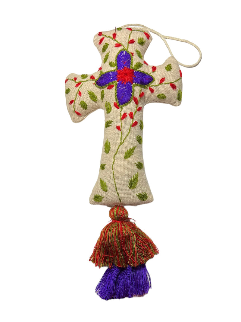 "Karen" Hill Tribe Natural Hand-Stitched Cross Ornament  10"