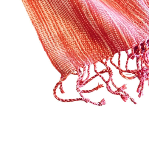 Artisan Hand-Woven Fringed Wrap Scarf- Flamingo