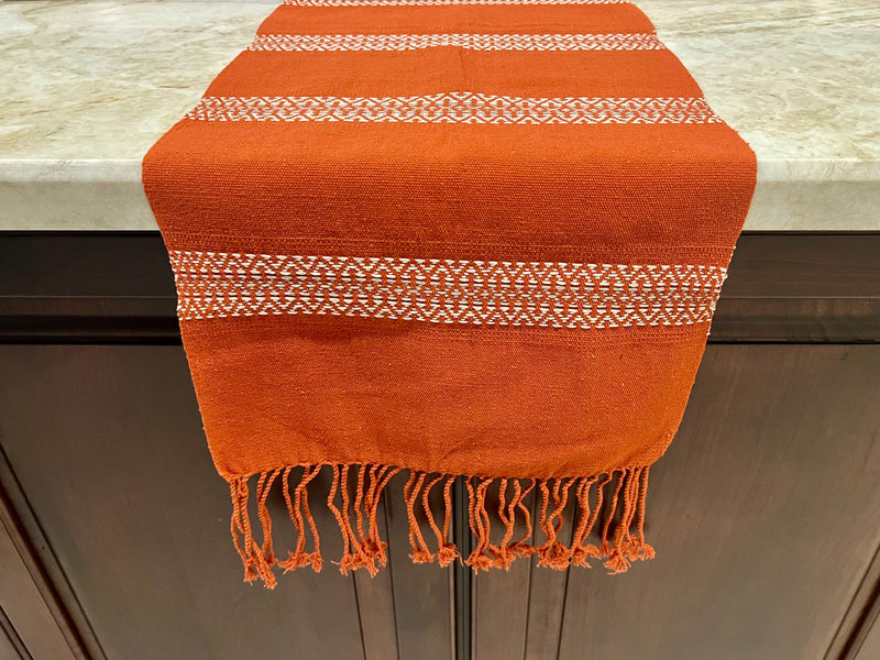 "Tribal Inspired" Hand-Woven Striped Fringed Runner - Baked Terracotta