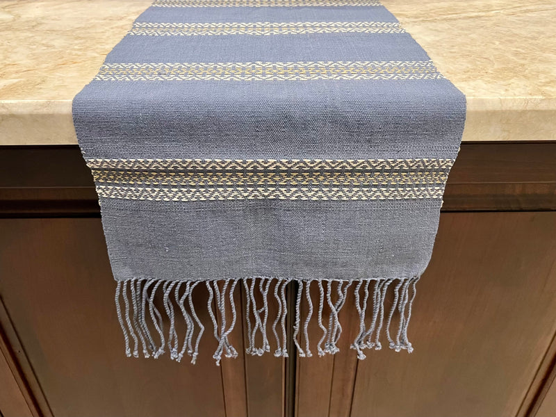 "Tribal Inspired" Hand-Woven Striped Fringed Runner Ocean Blue